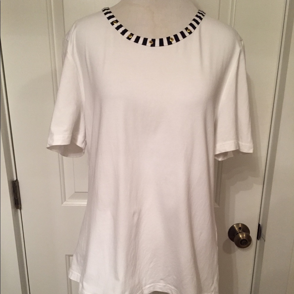 BASLER TOP TEE SHORT SLEEVE WHITE KNIT BLACK ACCENT GERMAN Size 44 L-14